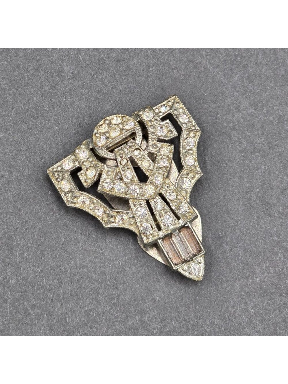 Art Deco Glass Stone Dress Clip Silver Pot Metal Vintage Estate Jewelry 1.5"